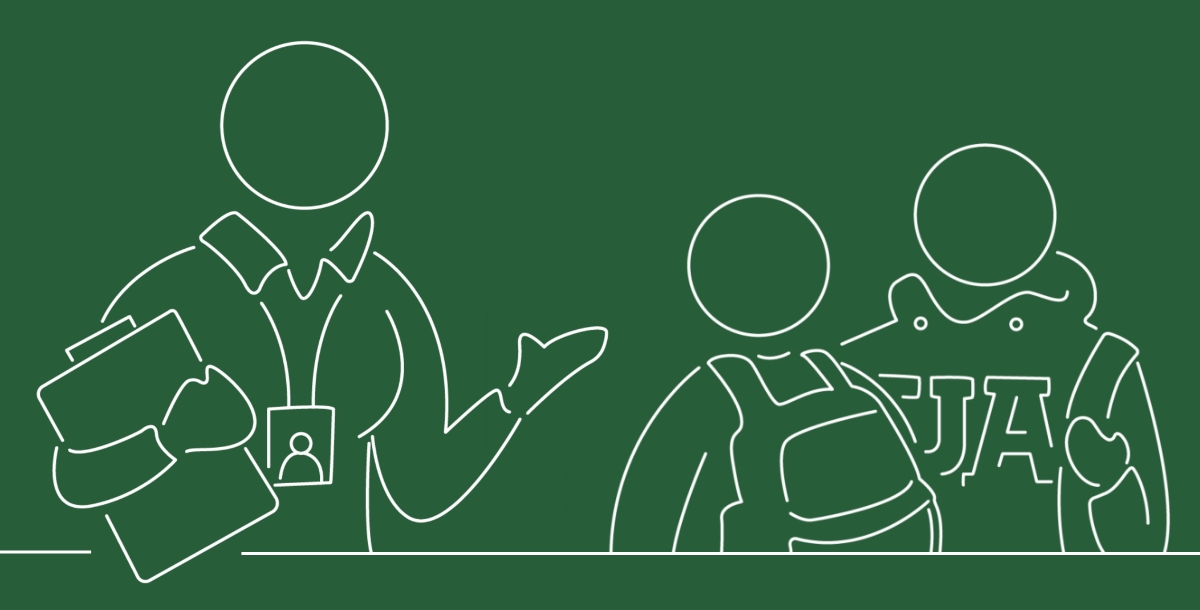 Line drawing of two students speaking with an employer