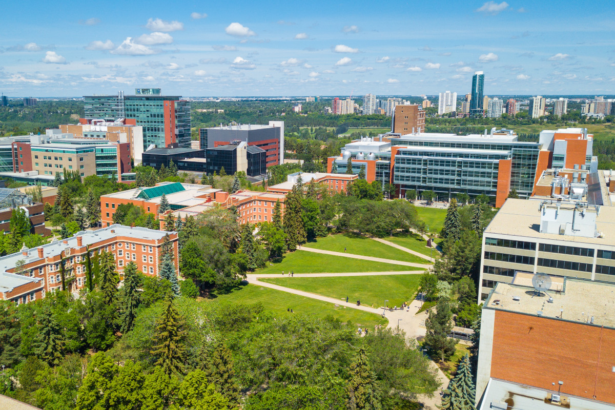 An aerial photo of Quad at the University of Alberta, including Athabasca Hall, CCIS and CAB.