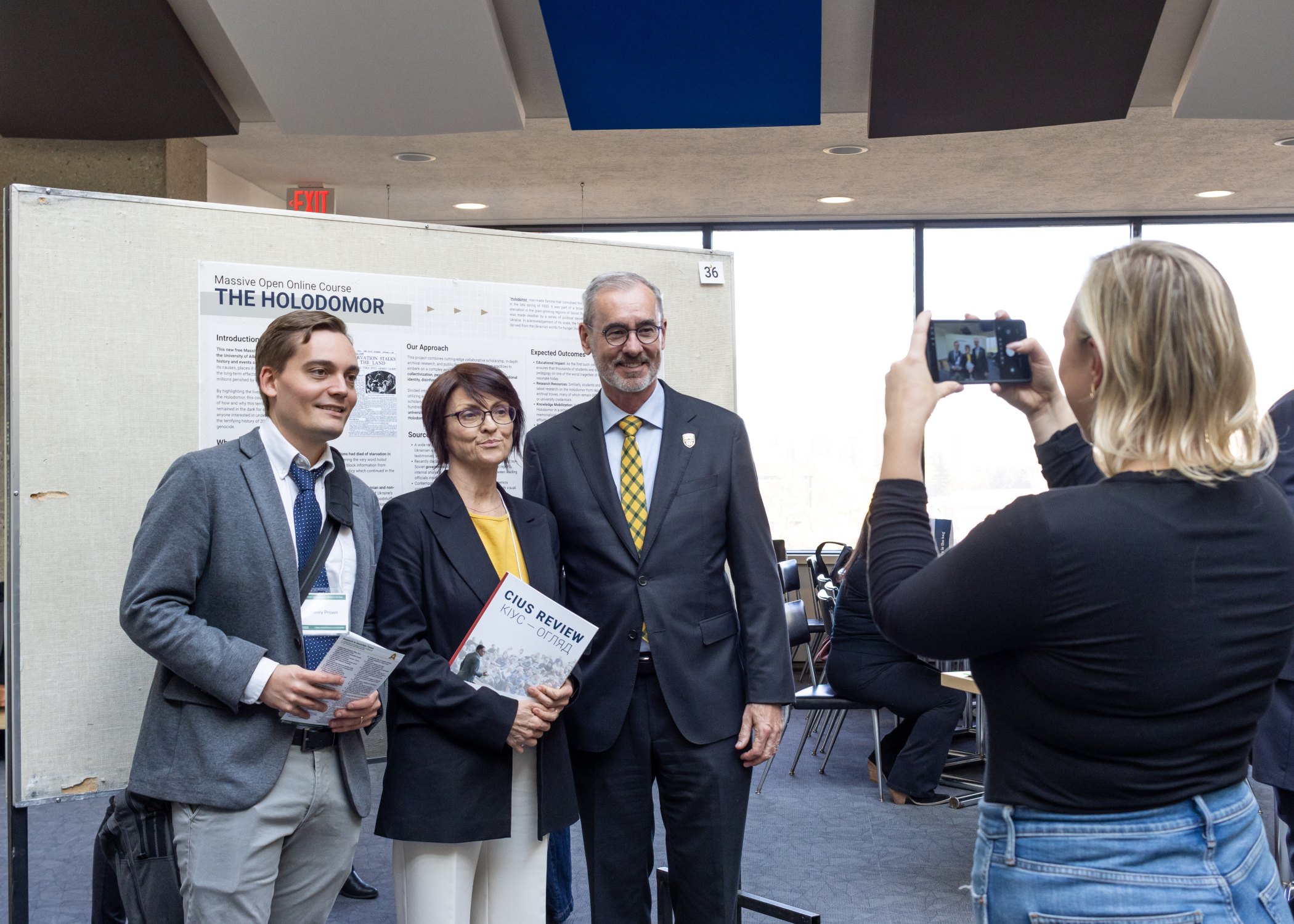 Henry Prown and Natalia Khanenko-Friesen (both Faculty of Arts) discuss the MOOC course about The Holodomor with Bill Flanagan